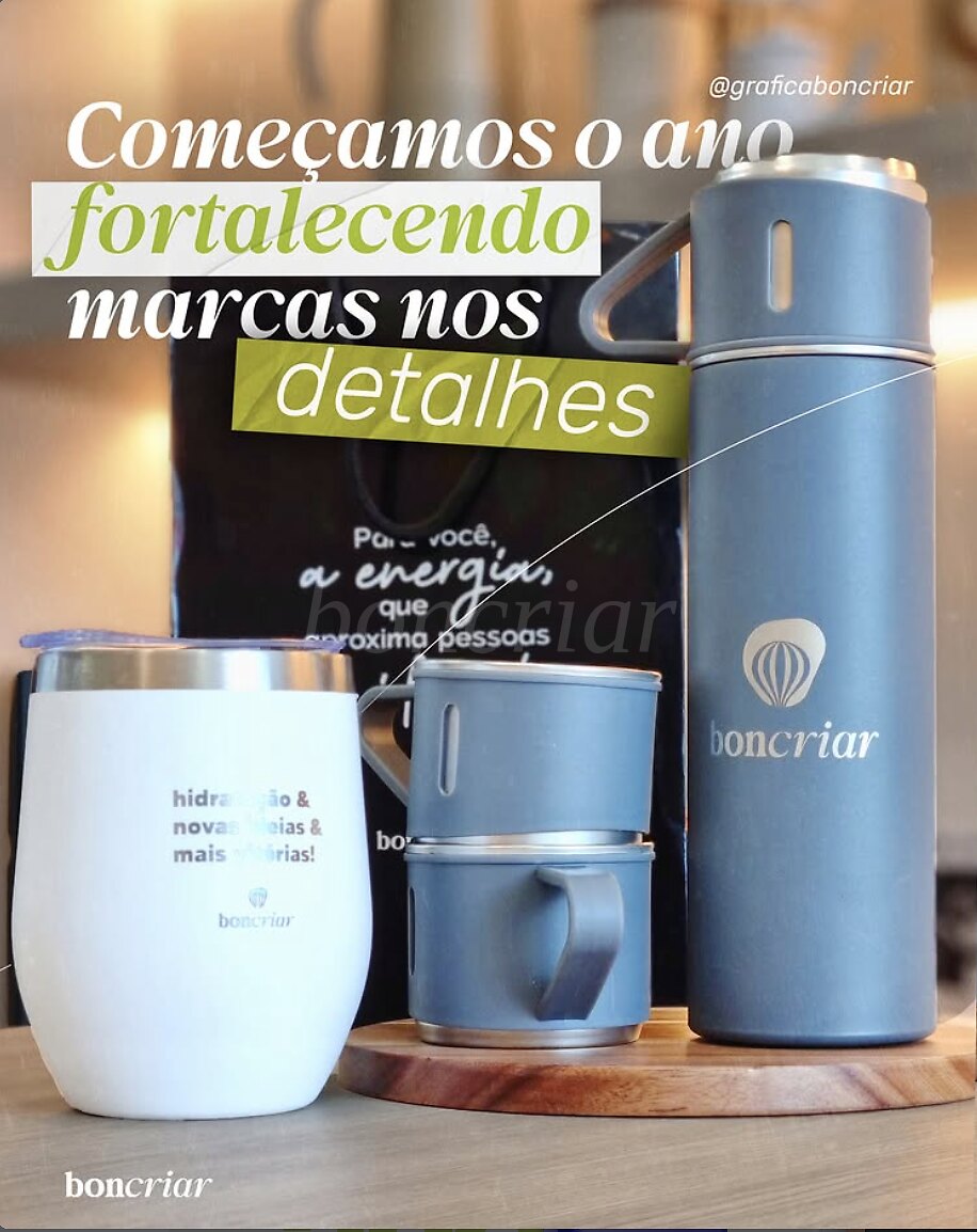 Kit copo, garrafa térmica e canecas com marca Boncriar