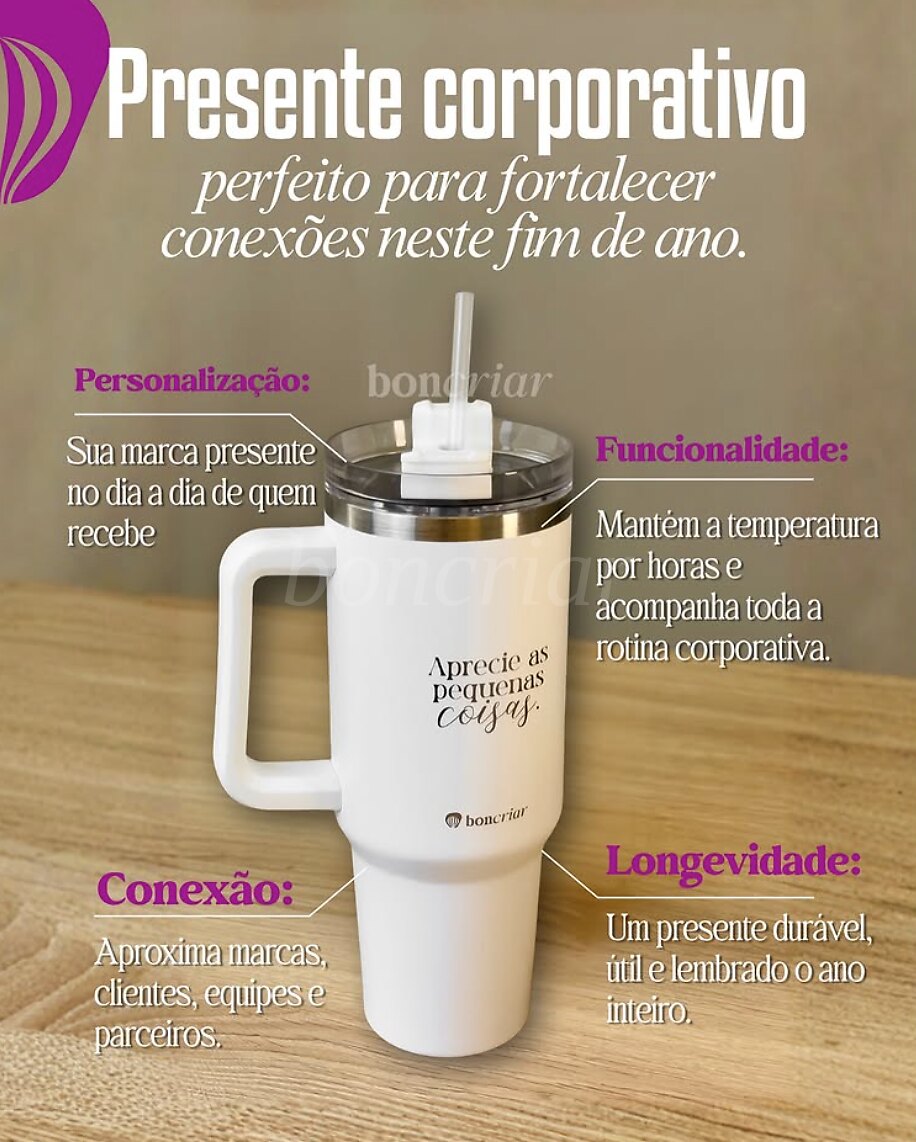 Tumbler corporativo branco com canudo e gravação personalizada